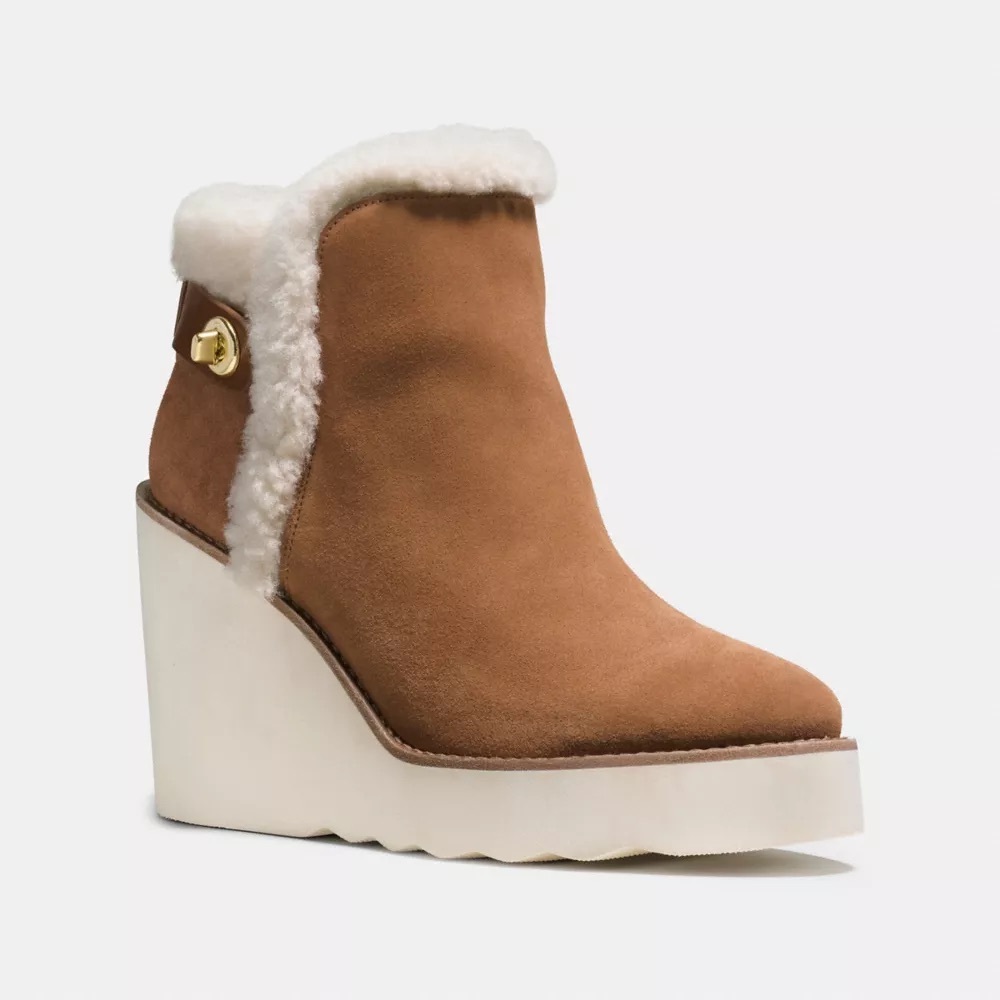 Coach Kingston Brown Suede Wedge Ankle Boots with Cream Shearling